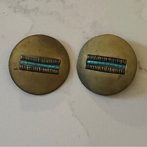 1970s Brass & Turquoise Beaded Inlay Earrings | Vintage Boho Statement Drop